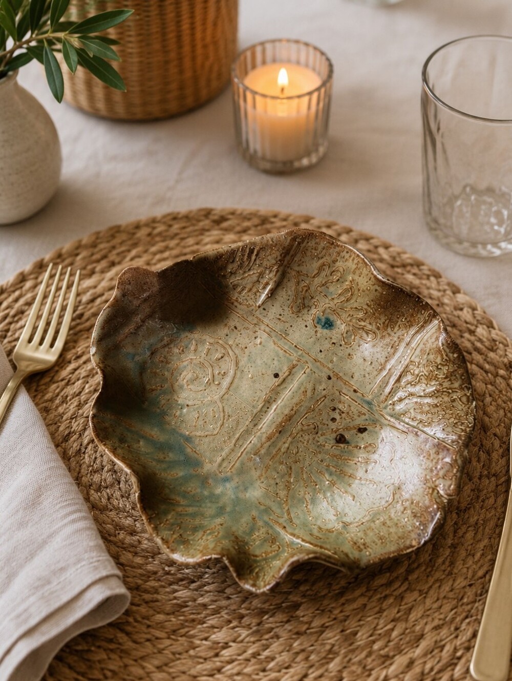 POTTERY Handcrafted Ceramic Decorative Leaf Bowl - Brown and Green